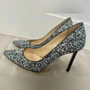 Jimmy Choo Monochrome Coarse Glitter Fabric Romy Pointed Toe‎ Pumps Size 36